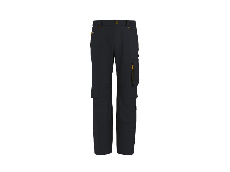 Donkerblauwe werkbroek met oranje accenten en zijzakken.