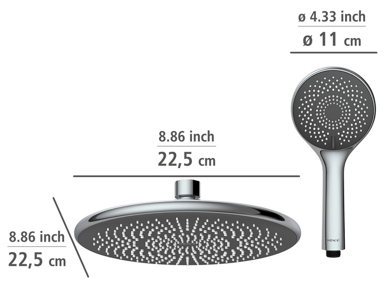 Een WENKO douchekop met ronde regendouche en handdouche.