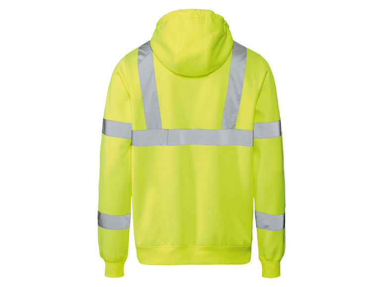 Geel werkkleding jack met reflecterende strepen.