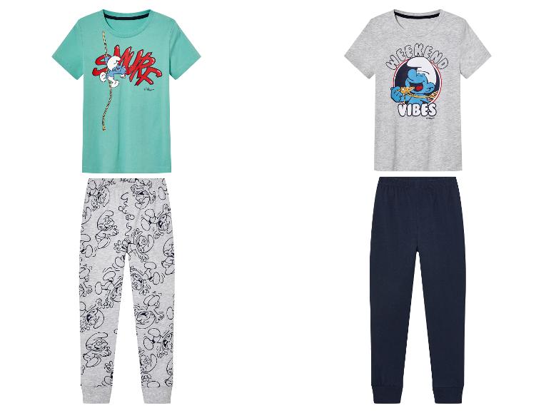 Twee Smurfen pyjama's met een T-shirt en broek.