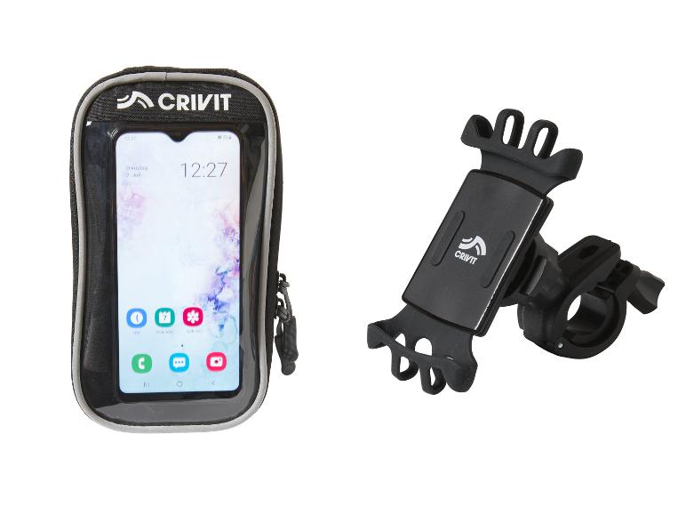 Een Crivit smartphonehouder voor op de fiets, met een tasje en een bevestiging voor op het stuur.