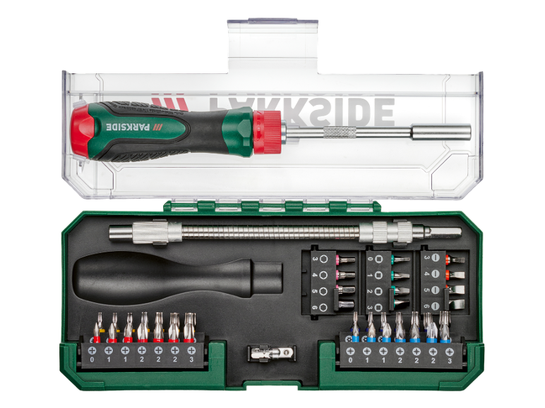 Schroevendraaierset met ergonomische handgreep, flexibele verlenging en diverse bits.