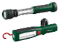 Twee groene en zwarte werklampen, één zaklamp en één hanglamp.