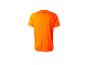 Achterkant van een oranje sport-T-shirt met korte mouwen en een klein zwart logo in de nek