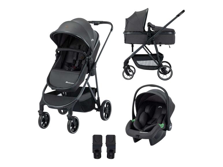 Donkergrijze 3-in-1 modulaire kinderwagenset met adapters.
