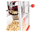Popcornmachine met rode slinger en kant-en-klare popcorn, met de tekst 'DELICIOUS REFRESHING'.