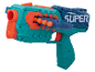 Groenblauw speelgoedpistool met oranje details en de tekst 'SUPER'.