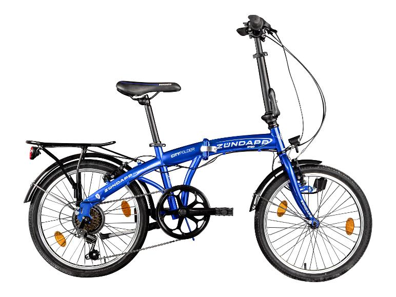 Blauwe vouwfiets met bagagedrager en spatborden