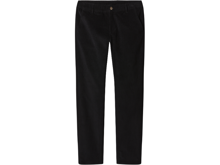 Zwarte corduroy broek met elastische tailleband en knoop.