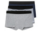 Drie boxershorts: grijs, gestreept en donkerblauw.