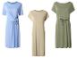 Drie damesjurken in blauw, beige en olijfgroen.