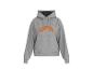 Grijze hoodie met oranje logo op de voorkant.