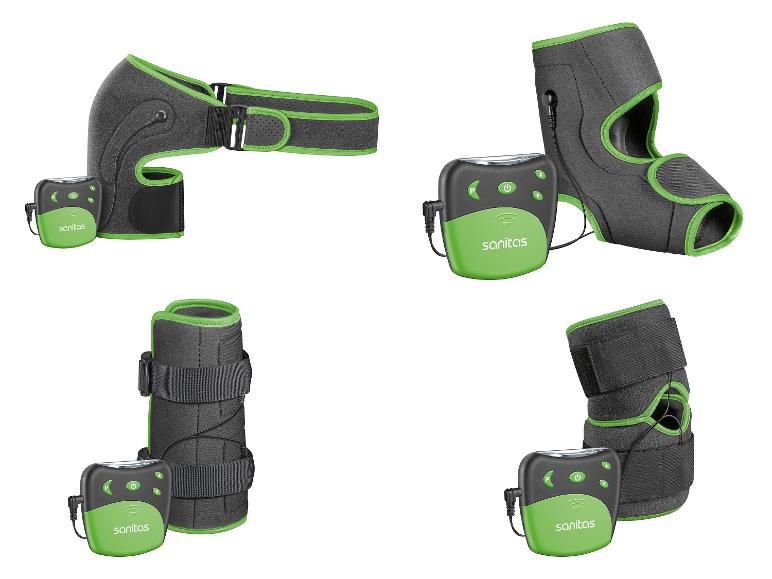 Sanitas TENS-eenheden met elektrodepads van verschillende grootte voor verschillende lichaamsdelen.