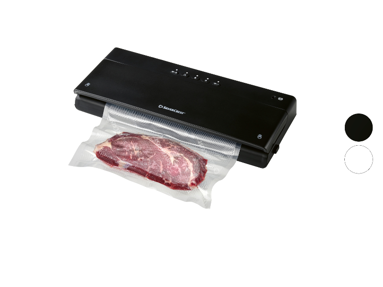 Zwarte vacuümsealer met verpakt vlees, met zwarte en witte kleuropties.