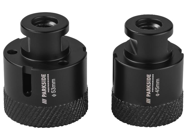 Twee zwarte gatzagen met diameters van 53 mm en 45 mm.