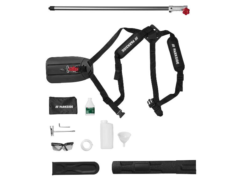 Parkside telescopische heggenschaar met harnas, accessoires en veiligheidsbril.