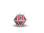 Rood-blauw twaalfvlakkig constructiespeelgoed met metalen ballen op de hoeken.