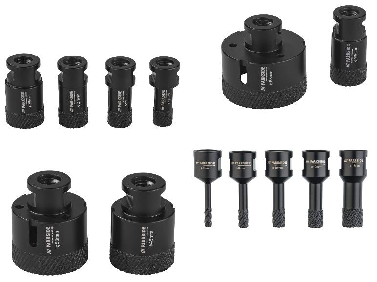 Set van zwarte diamantboorkoppen en adapters in diverse maten.