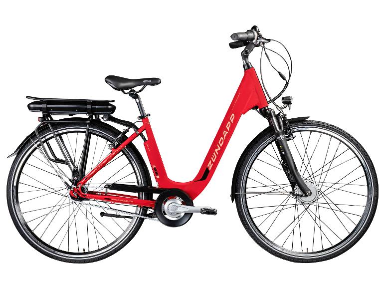 Rode Zündapp Z600 elektrische fiets met lage instap en bagagedrager.