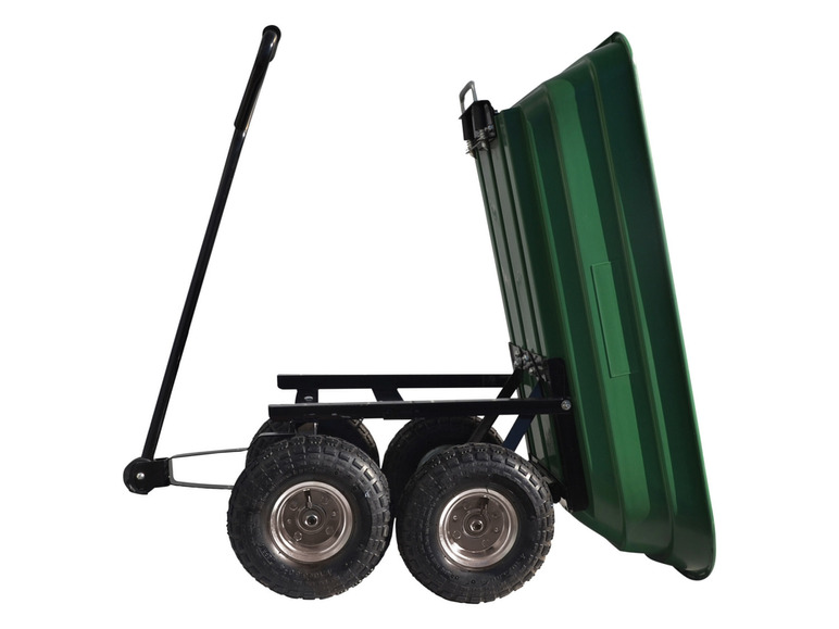 Een groene handkar met vier wielen en een handvat.