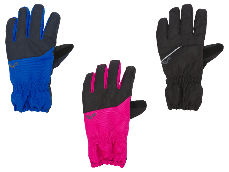 Drie paar winterhandschoenen, één blauw, één roze en één zwart.