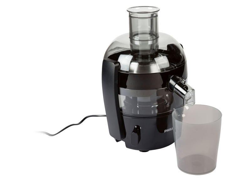 Een zwarte Philips-sapcentrifuge met een glazen deksel en een opvangbeker.