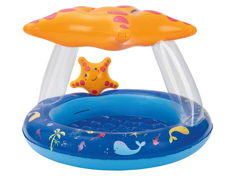 Opblaasbaar kinderzwembad met oranje luifel en zeedieren decoratie.