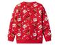 Rode trui met prints van de Kerstman, rendieren en kersthandschoenen.