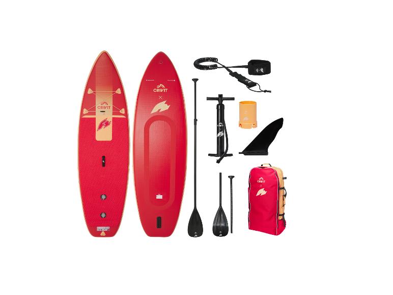 Paddleboardset met twee rode boards, pomp, peddel, vin en tas.