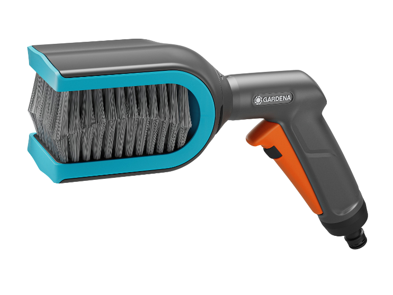 Gardena wasborstel met ergonomische handgreep en grijze borstelharen.