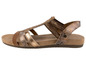 Goudkleurige sandalen met een gesp, gemaakt van leer en stof.