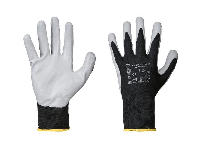 Een paar witte en zwarte Parkside werkhandschoenen met logo en maat 10.