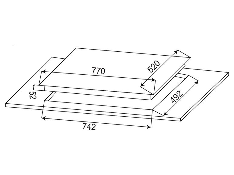 Technische tekening van een kookplaat met afmetingen.