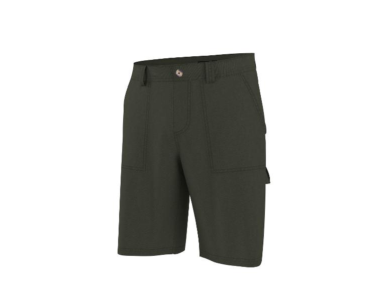 Donkergroene werkshorts met zijzakken en een knoop op de tailleband.