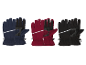 Drie paar winterhandschoenen in blauw, rood en zwart met reflecterende strepen.
