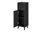Zwarte kast met twee lades en een open deur die planken onthult.