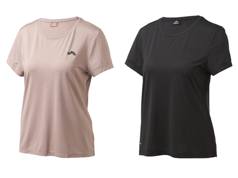 Dames sport T-shirts met korte mouwen, één beige en één zwart, met geperforeerd patroon.