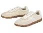 Twee paar beige leren sneakers met witte veters.