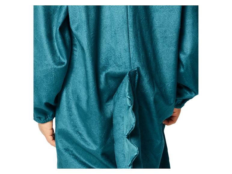 Een turquoise dinosaurus kostuum met een staart.
