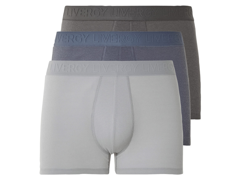 Drie-pack Livery boxershorts in grijs, donkergrijs en blauw.