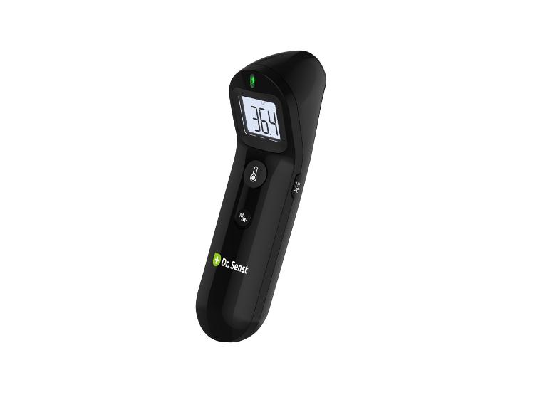 Zwarte Dr. Senst digitale infraroodthermometer met display dat 36.4 toont