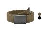 Kaki canvas riem met metalen gesp, gepresenteerd met kleuropties.