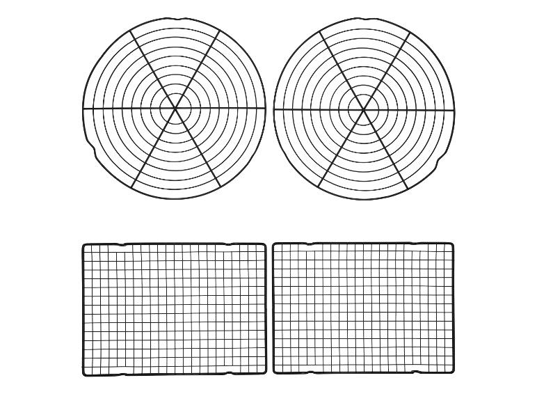 Twee ronde en twee rechthoekige koelroosters voor gebak.
