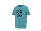 Turquoise T-shirt met palmbomenprint en de tekst 'TROPICAL DREAMS UNDER PALMS'.
