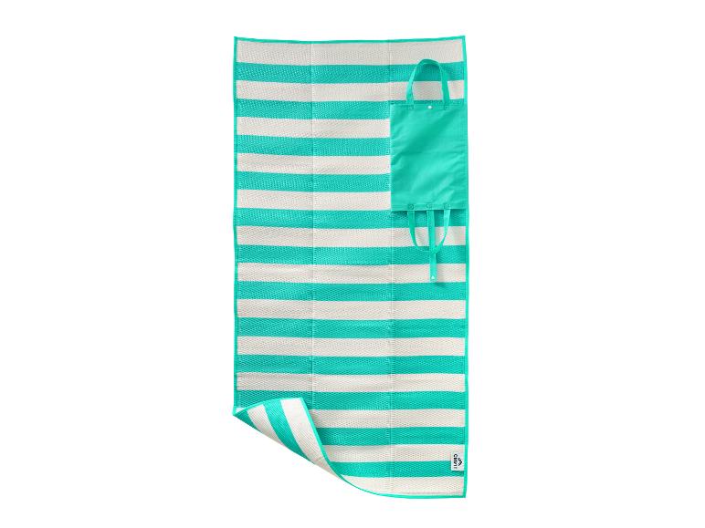 Gestreepte strandmat met handvat, turquoise en wit