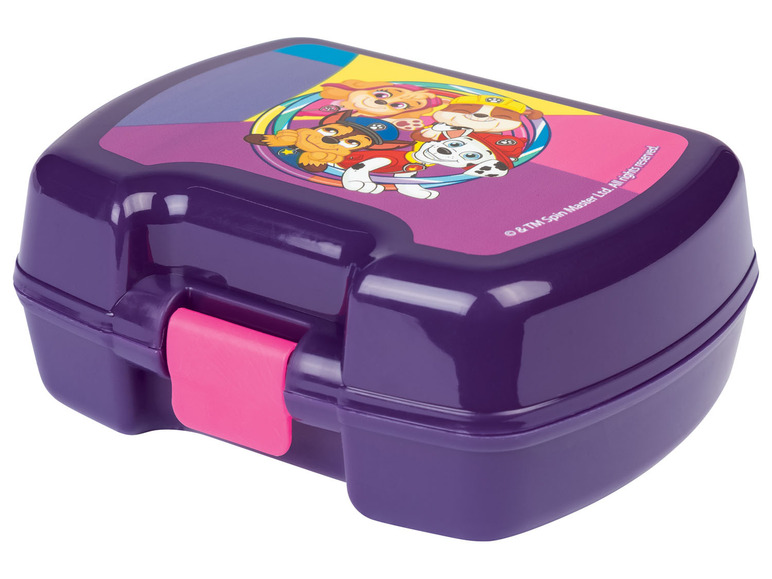 Een paarse lunchbox met Paw Patrol-motief.