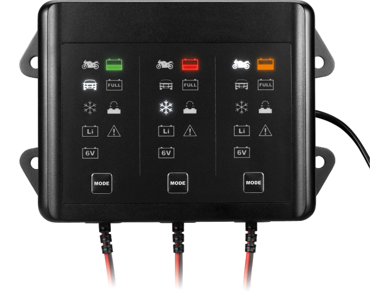 Zwarte oplader met drie laadkanalen, elk met symbolen voor motor, auto, winter, lithium en 6V.
