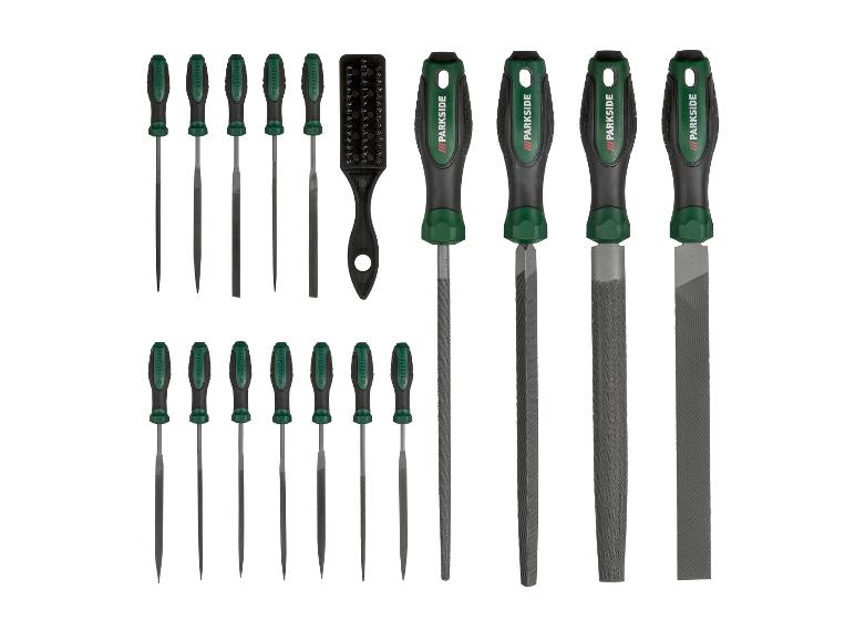 Set vijlen en raspen met ergonomische handvatten, inclusief een reinigingsborstel.