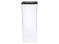 Hoge, transparante plastic voedselcontainer met zwart deksel