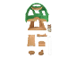 Speelgoedboomhut met eekhoornfiguur en meubelaccessoires.